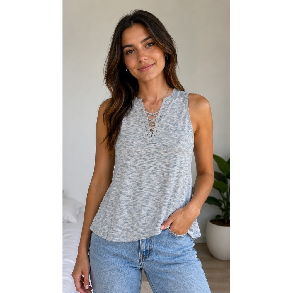 My Michelle Lace-Up V-Neck Sleeveless Top Blue Heather Marled‎ Knit Swing Tank